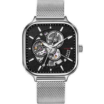 Courroie squelettique carrée Sapphire Mirror d'acier inoxydable de la montre des hommes automatiques