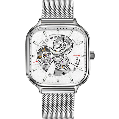 Courroie squelettique carrée Sapphire Mirror d'acier inoxydable de la montre des hommes automatiques