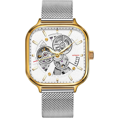 Courroie squelettique carrée Sapphire Mirror d'acier inoxydable de la montre des hommes automatiques