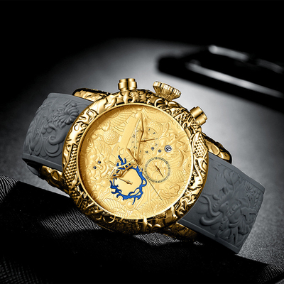 Quartz analogue 3D Dragon Design Frog Tape de date imperméable de chronographe de la montre des grands hommes de cadran