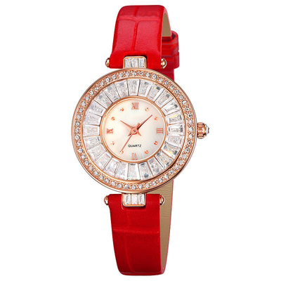 Montre de luxe occasionnelle de cuir de quartz de montre de cas rond imperméable pour Madame