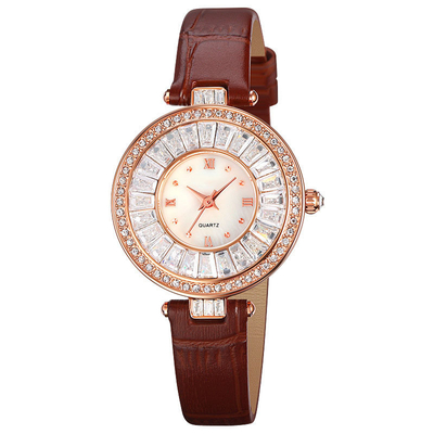 Montre de luxe occasionnelle de cuir de quartz de montre de cas rond imperméable pour Madame
