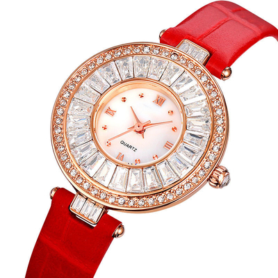 Montre de luxe occasionnelle de cuir de quartz de montre de cas rond imperméable pour Madame