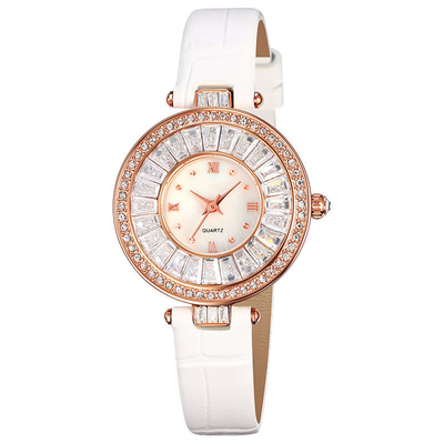 Montre de luxe occasionnelle de cuir de quartz de montre de cas rond imperméable pour Madame