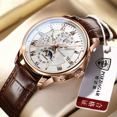 Montre à phase lunaire en cuir avec technologie de mouvement au quartz