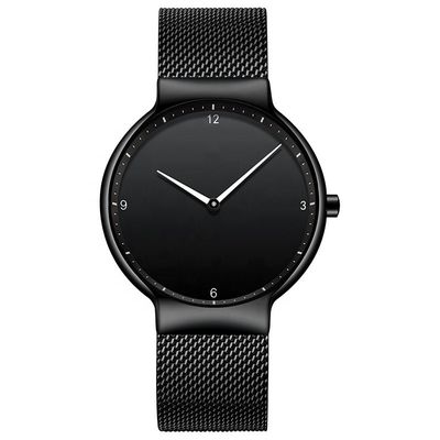 Montre noire de courroie d'acier inoxydable de noir de cadran, montre arrière de quartz d'acier inoxydable