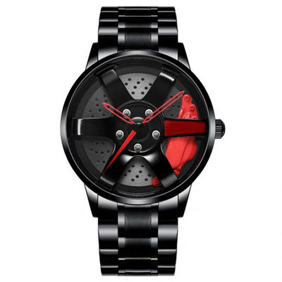 Emballage de la montre de quartz de courroie de l'alliage des hommes de montre de disque de cavité de conception de roue
