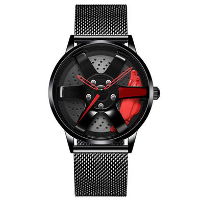 Emballage de la montre de quartz de courroie de l'alliage des hommes de montre de disque de cavité de conception de roue