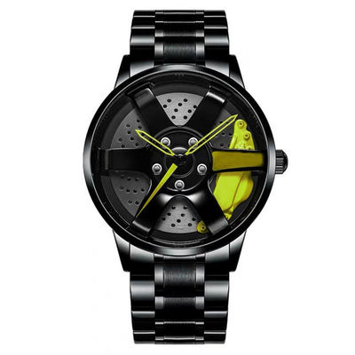 Emballage de la montre de quartz de courroie de l'alliage des hommes de montre de disque de cavité de conception de roue