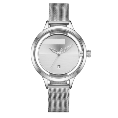 Dames Mesh Belt Quartz Calendar Watch avec Willow Leaf Needle