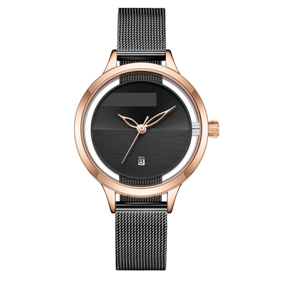 Dames Mesh Belt Quartz Calendar Watch avec Willow Leaf Needle