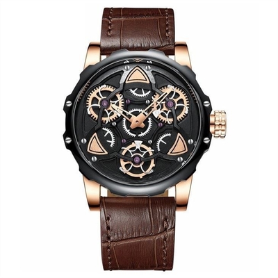 Montre en cuir creuse mécanique imperméable du quartz 3ATM avec le cadran de 44mm