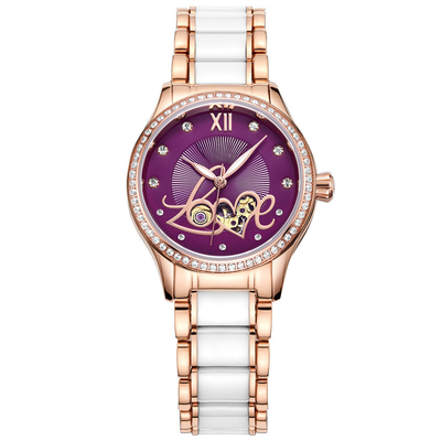 Le manuel de dames s'enroulent observe la montre en céramique en acier de squelette mécanique de mode