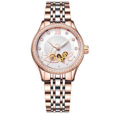 Le manuel de dames s'enroulent observe la montre en céramique en acier de squelette mécanique de mode